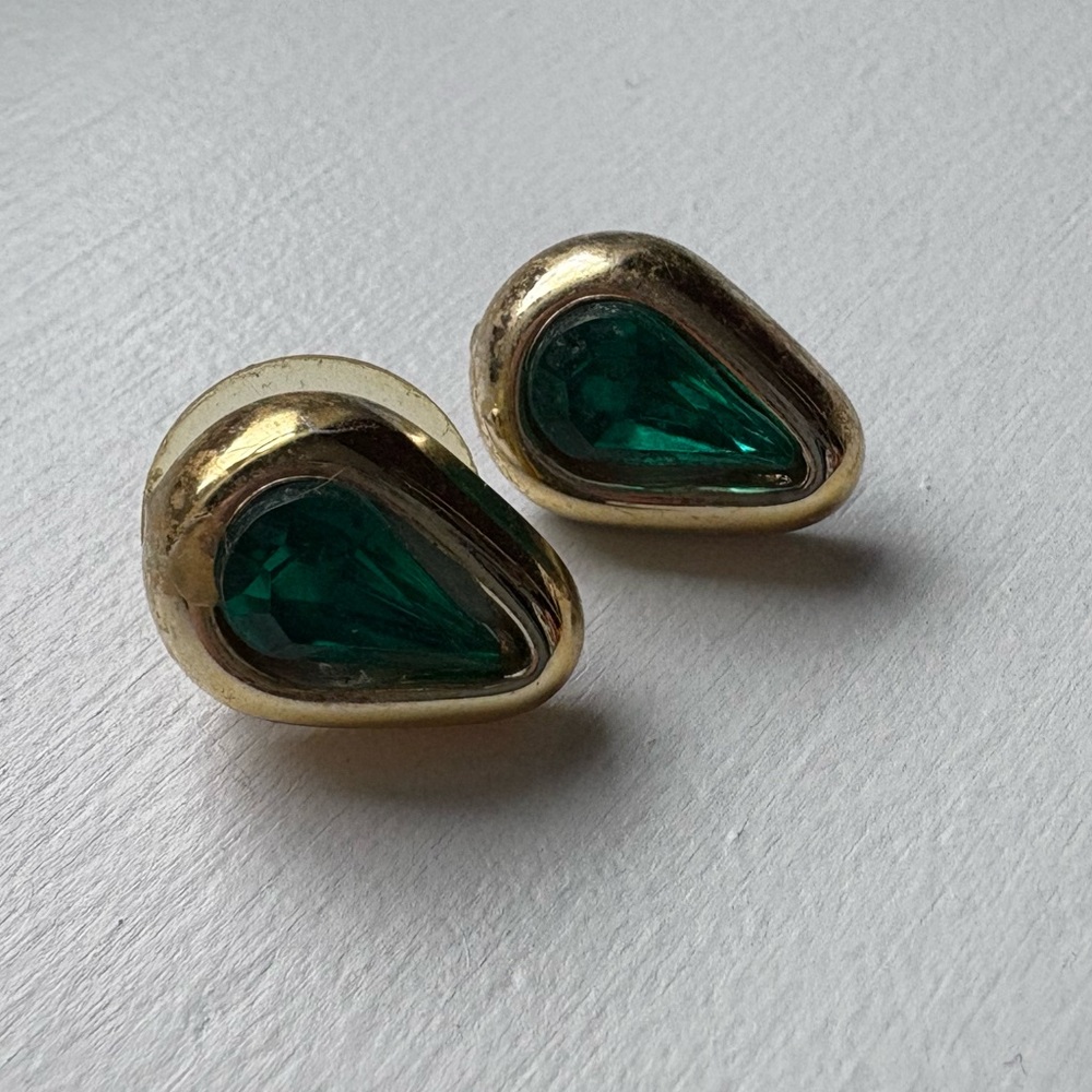 Gold and Green Rhinestone Teardrop Earrings
